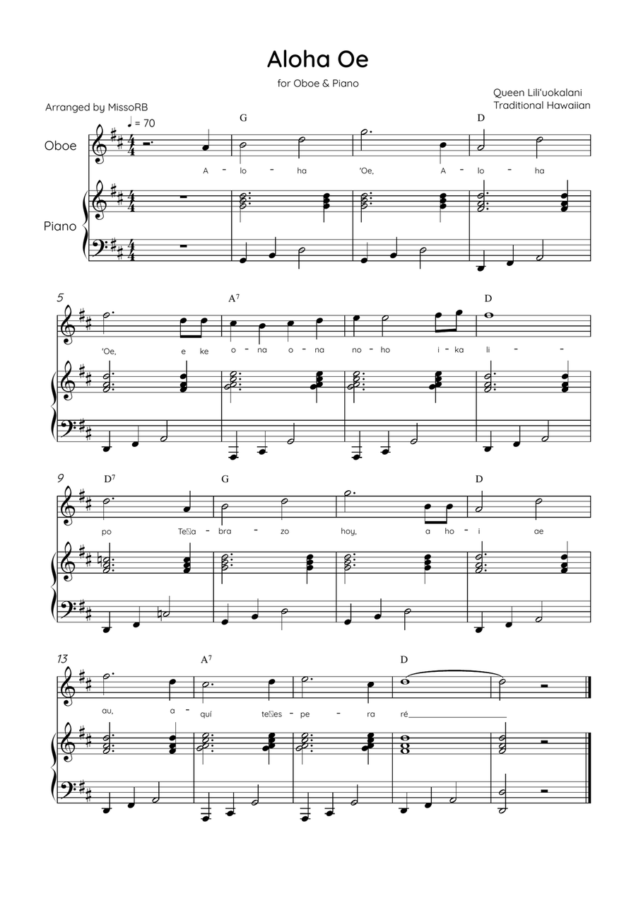 Aloha Oe - Oboe & Piano in D Major Easy With Lyrics & Chords Piano scores gallery preview page 1
