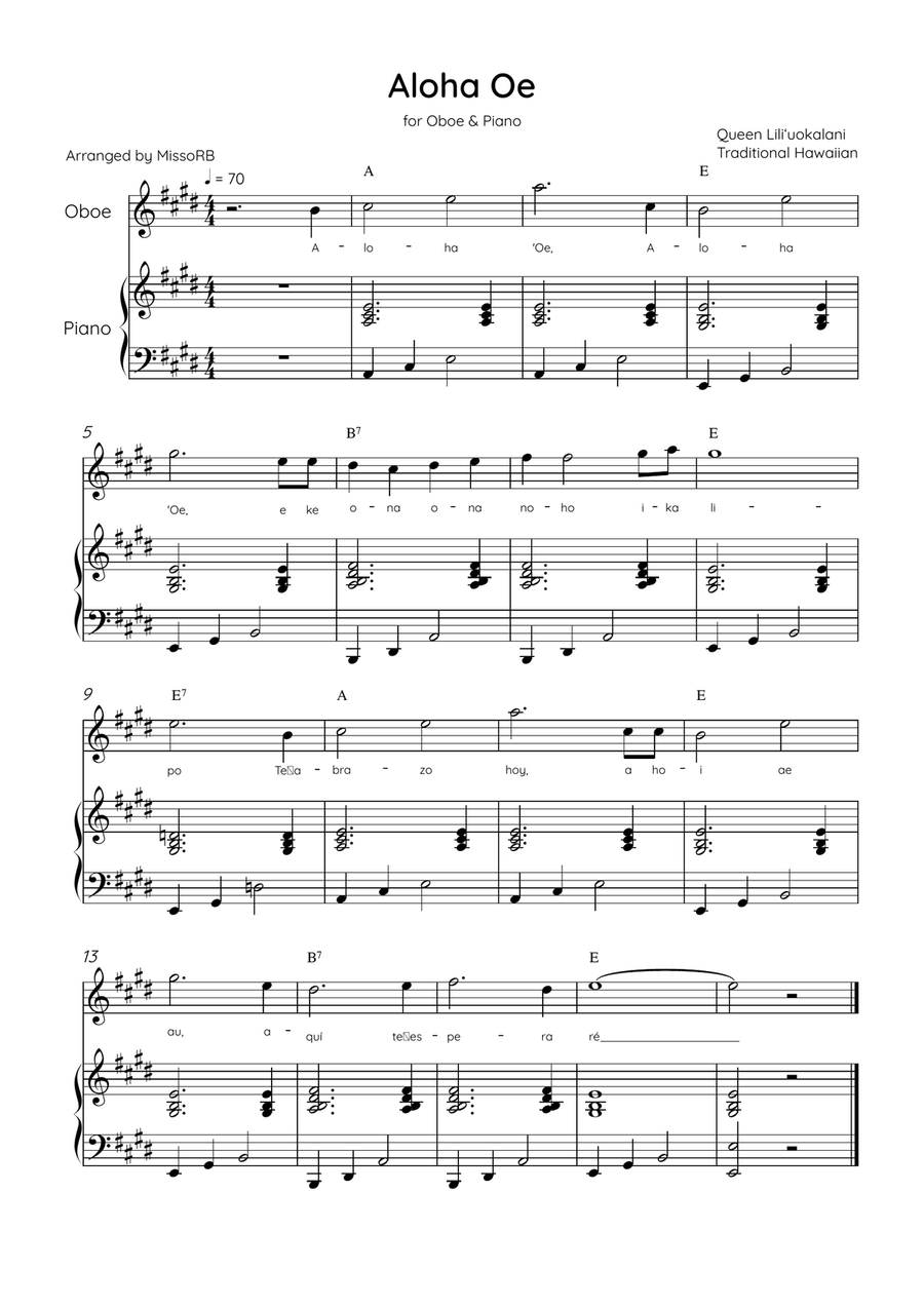Aloha Oe - Oboe & Piano in E Major Easy With Lyrics & Chords Piano scores gallery preview page 1
