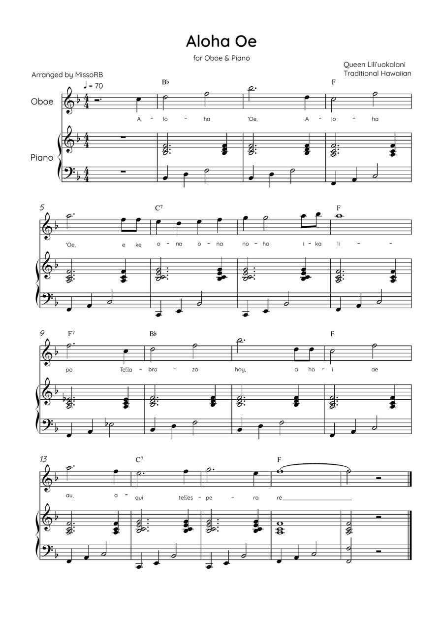 Aloha Oe - Oboe & Piano in F Major Easy With Lyrics & Chords Piano scores gallery preview page 1