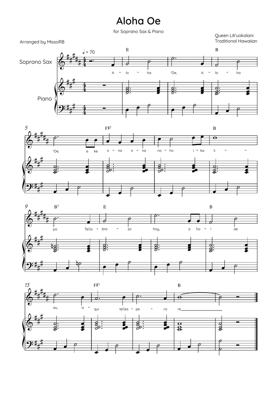 Aloha Oe - Soprano Sax & Piano in A Major Easy With Lyrics & Chords Soprano Saxophone scores gallery preview page 1