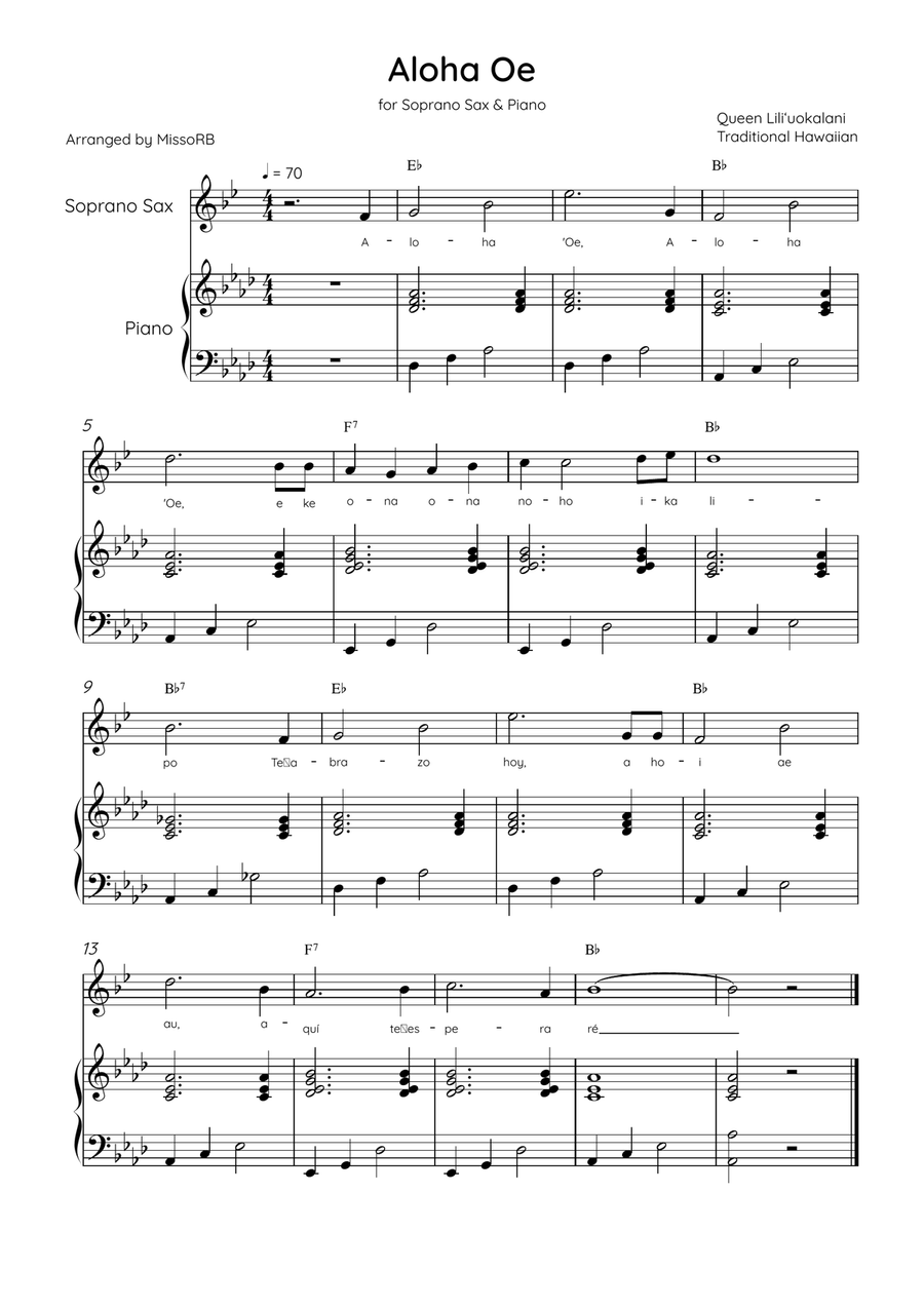 Aloha Oe - Soprano Sax & Piano in Ab Major Easy With Lyrics & Chords Soprano Saxophone scores gallery preview page 1