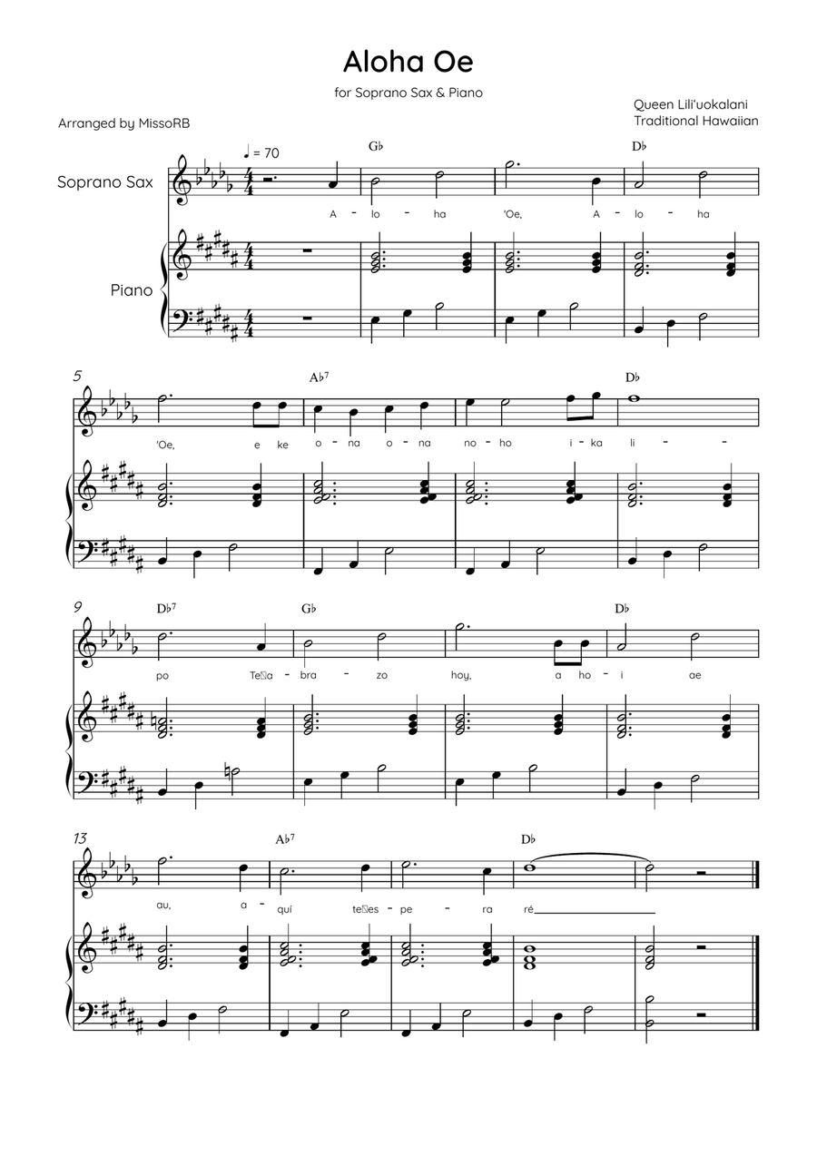 Aloha Oe - Soprano Sax & Piano in B Major Easy With Lyrics & Chords Soprano Saxophone scores gallery preview page 1