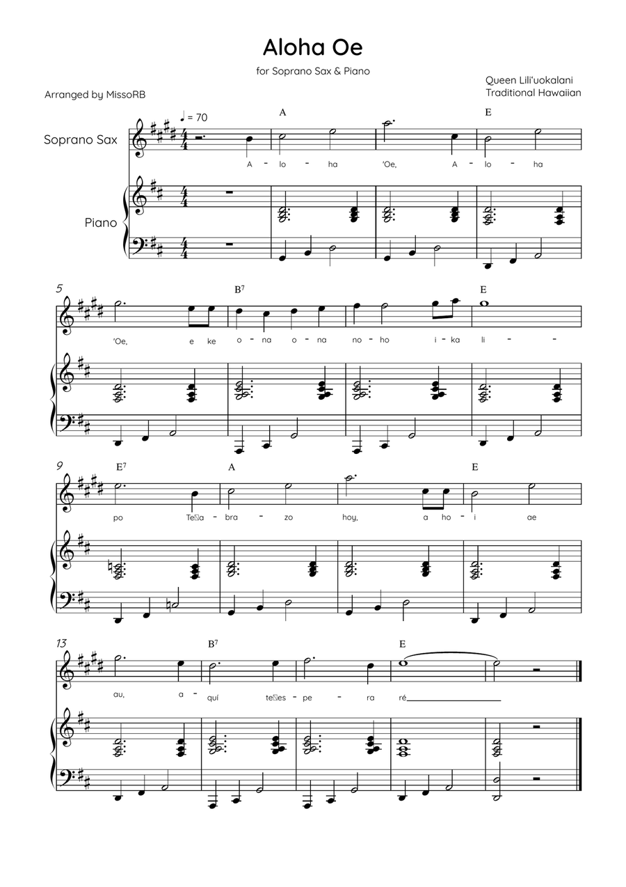 Aloha Oe - Soprano Sax & Piano in D Major Easy With Lyrics & Chords Soprano Saxophone scores gallery preview page 1