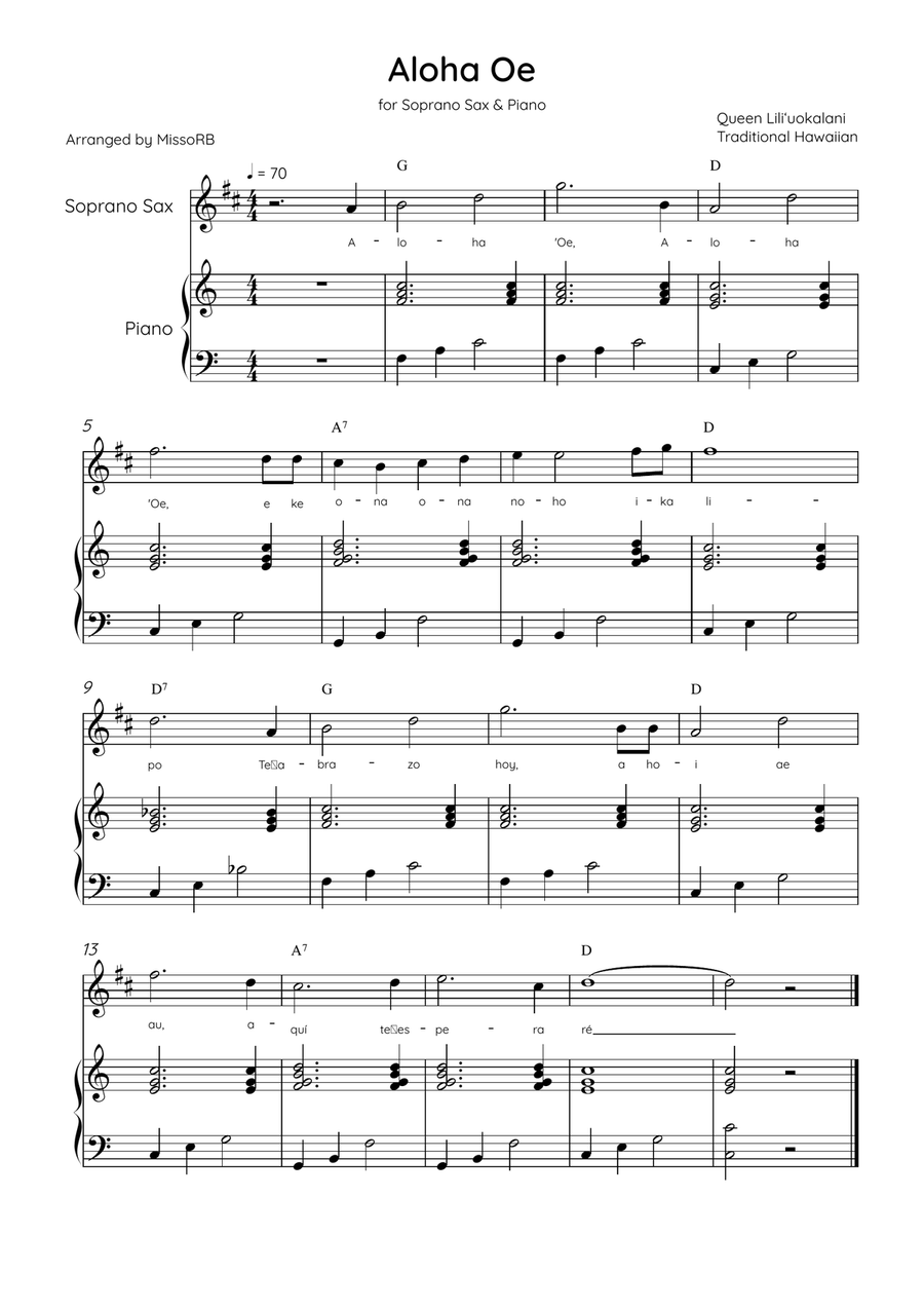 Aloha Oe - Soprano Sax & Piano in C Major Easy With Lyrics & Chords Soprano Saxophone scores gallery preview page 1