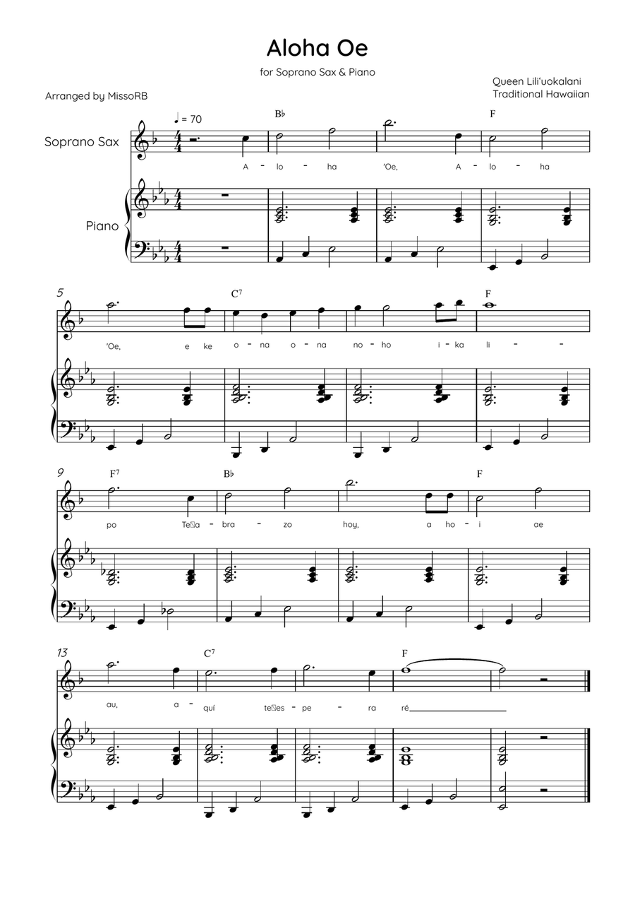 Aloha Oe - Soprano Sax & Piano in Eb Major Easy With Lyrics & Chords Soprano Saxophone scores gallery preview page 1