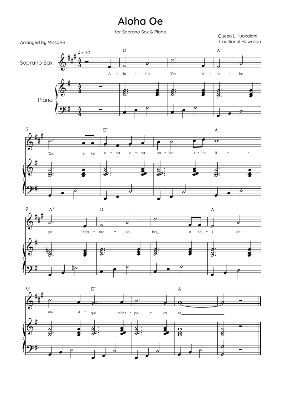 Aloha Oe - Soprano Sax & Piano in G Major Easy With Lyrics & Chords Soprano Saxophone scores gallery preview page 1