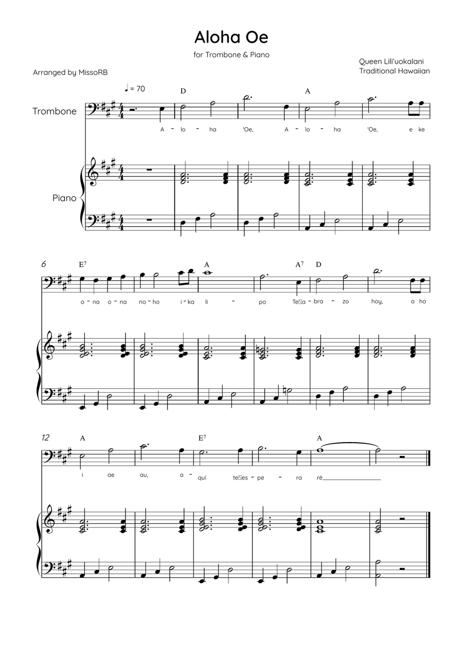 Aloha Oe - Trombone & Piano in A Major Easy With Lyrics & Chords Piano Accompaniment scores gallery preview page 1