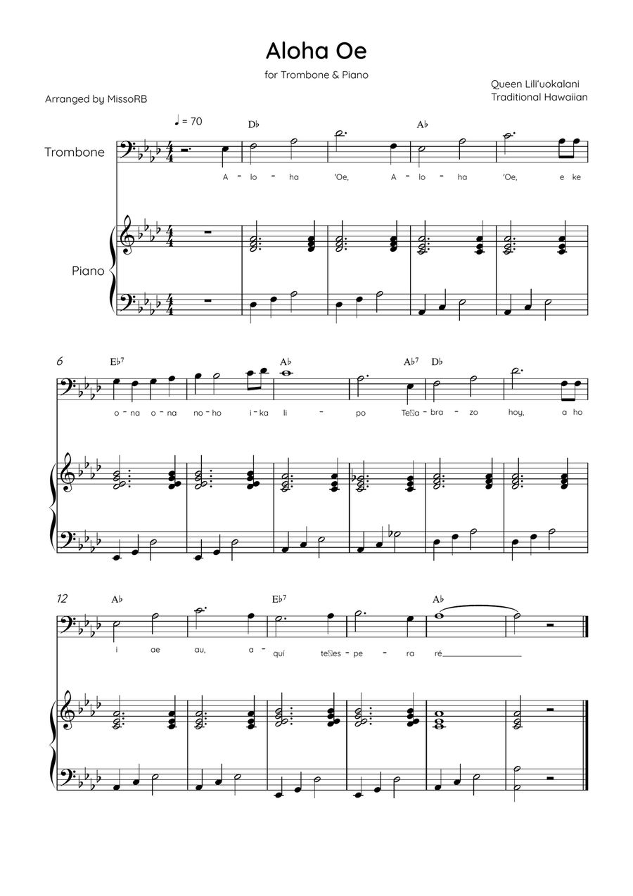 Aloha Oe - Trombone & Piano in Ab Major Easy With Lyrics & Chords Piano Accompaniment scores gallery preview page 1