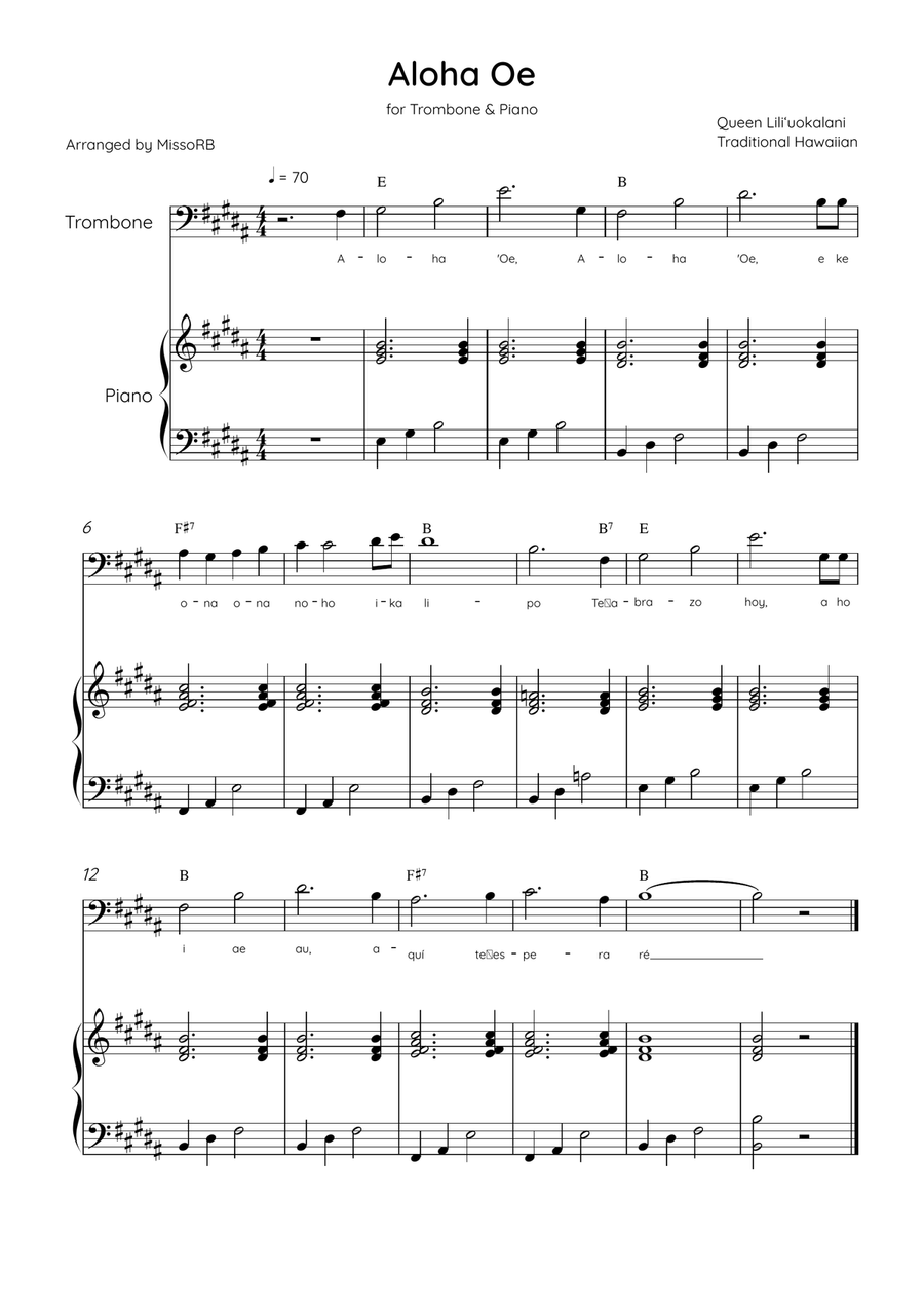 Aloha Oe - Trombone & Piano in B Major Easy With Lyrics & Chords Piano Accompaniment scores gallery preview page 1