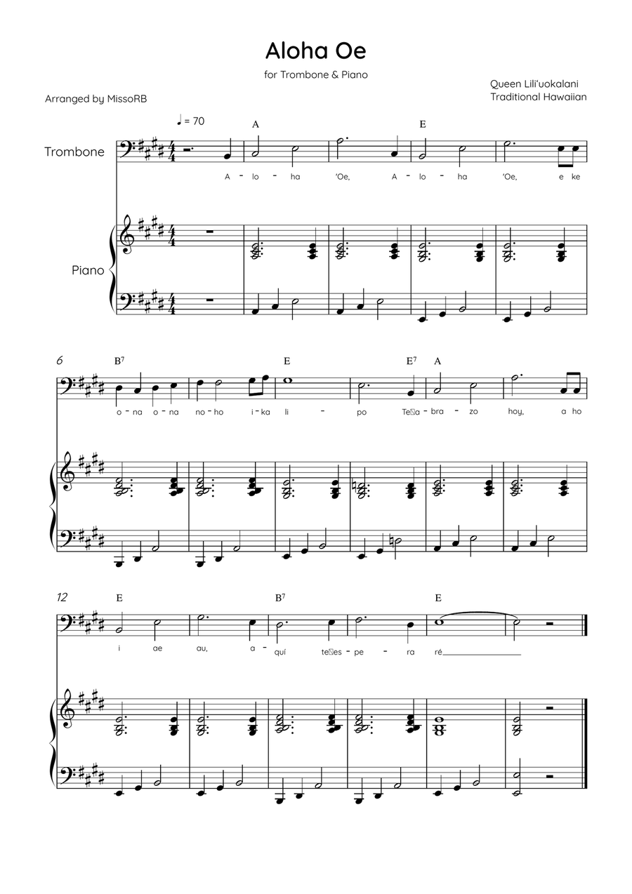 Aloha Oe - Trombone & Piano in E Major Easy With Lyrics & Chords Piano Accompaniment scores gallery preview page 1