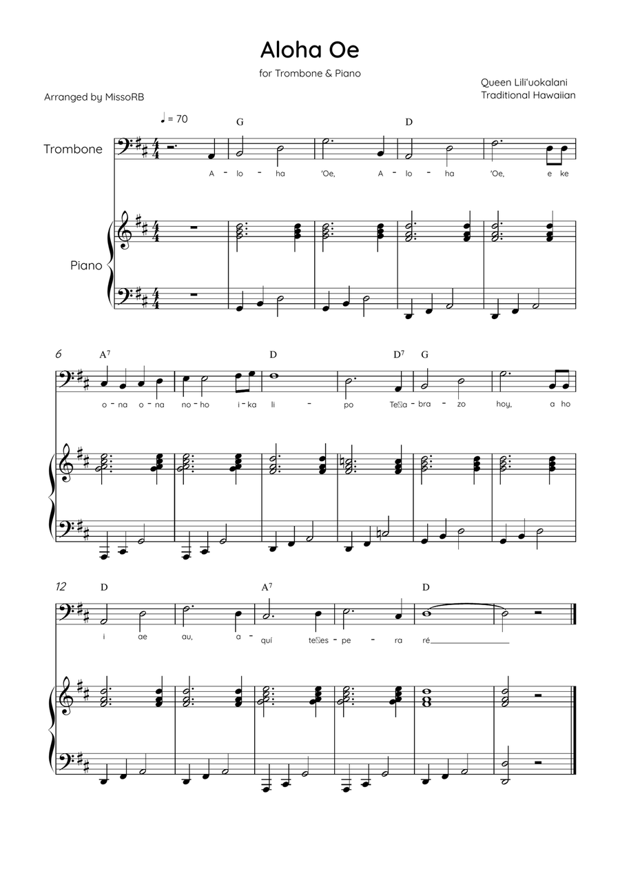 Aloha Oe - Trombone & Piano in D Major Easy With Lyrics & Chords Piano Accompaniment scores gallery preview page 1