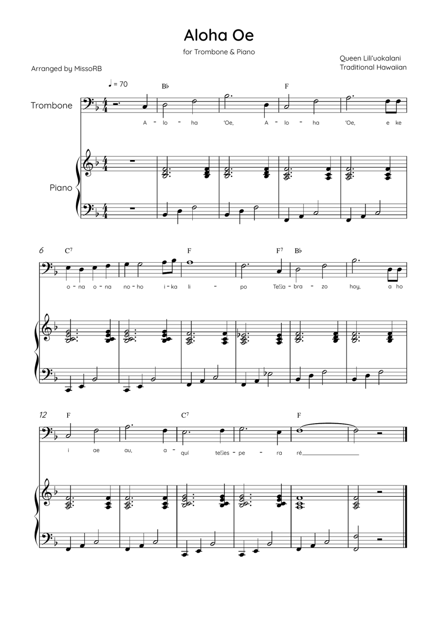 Aloha Oe - Trombone & Piano in F Major Easy With Lyrics & Chords Piano Accompaniment scores gallery preview page 1