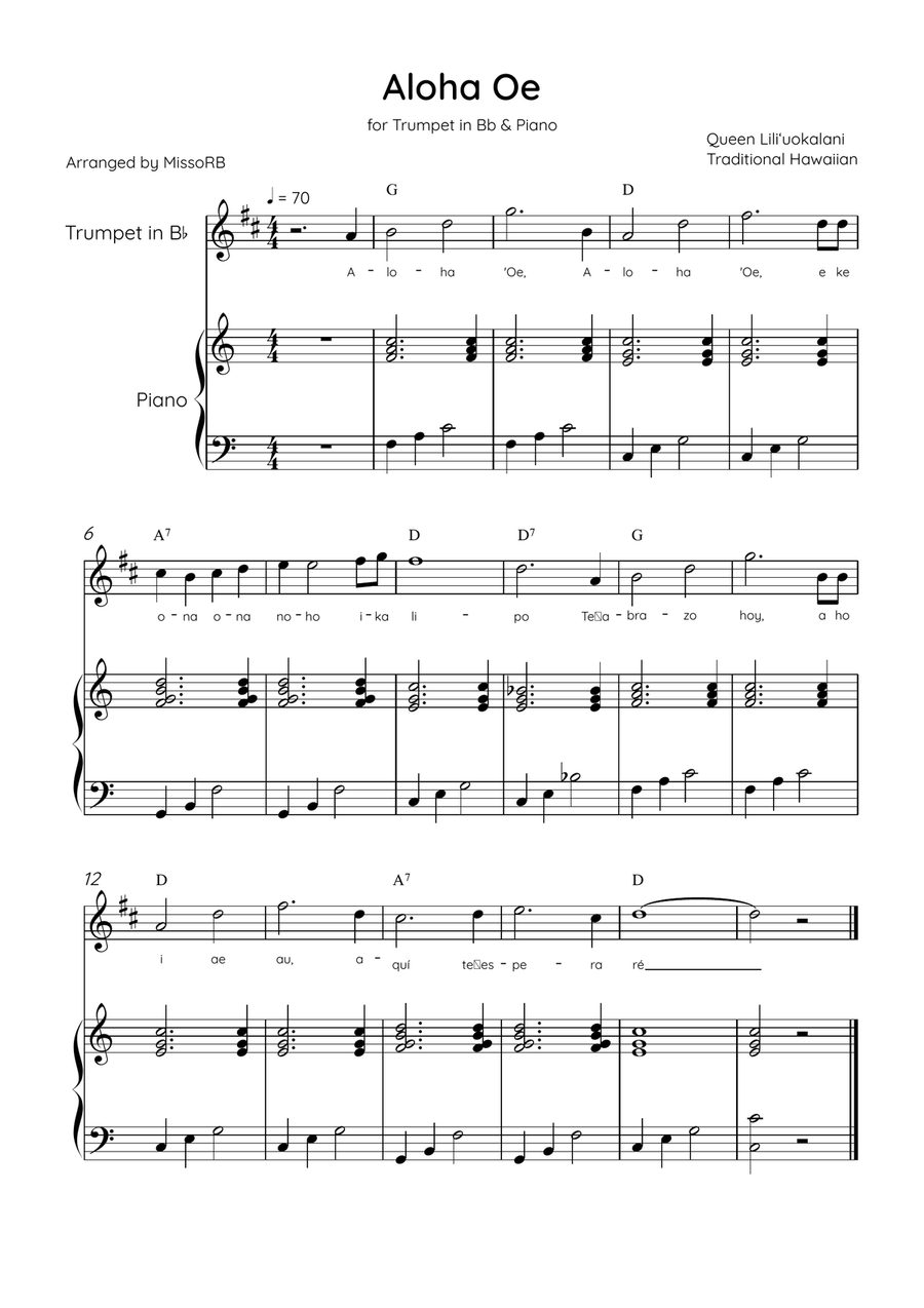 Aloha Oe - Trumpet in Bb & Piano in C Major Easy With Lyrics & Chords B-Flat Trumpet scores gallery preview page 1