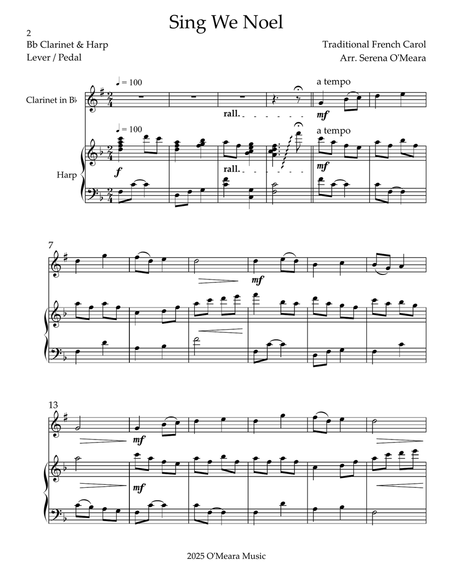 Sing We Noel, Duet for Bb Clarinet & Harp Small Ensemble scores gallery preview page 2