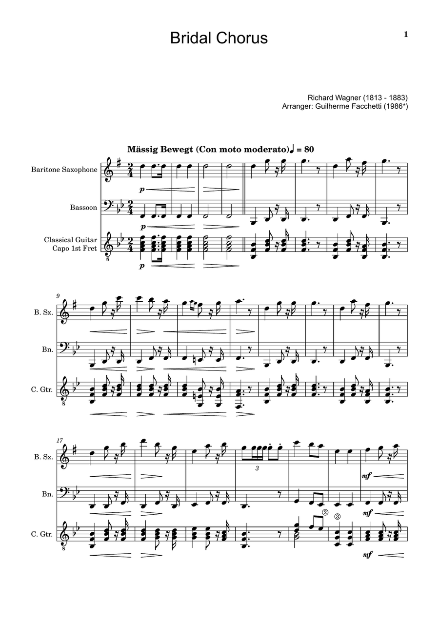 Bridal Chorus. R. Wagner - B. Sax., Bassoon and Guitar. Score and Parts. Small Ensemble scores gallery preview page 1