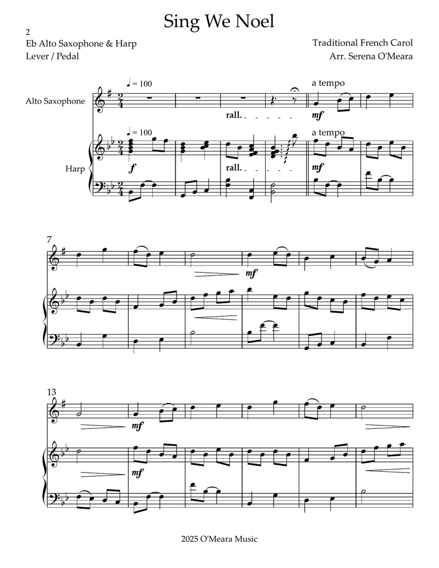 Sing We Noel, Duet for Eb Alto Saxophone & Harp Small Ensemble scores gallery preview page 2