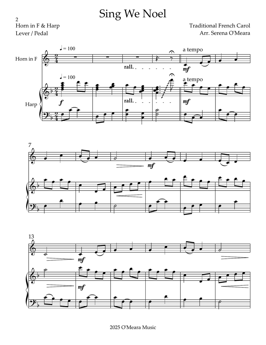 Sing We Noel, Duet for Horn in F & Harp Small Ensemble scores gallery preview page 2