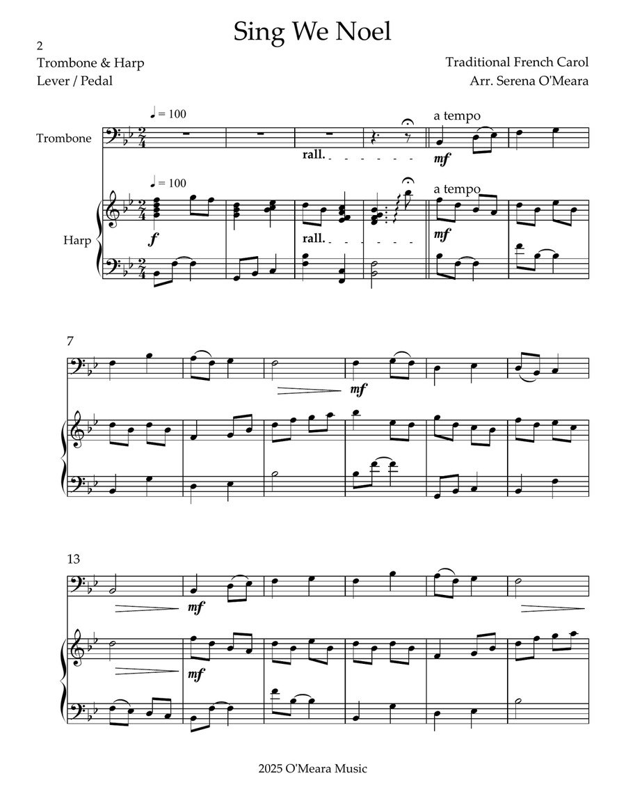 Sing We Noel, Duet for Trombone & Harp Trombone Duet scores gallery preview page 2
