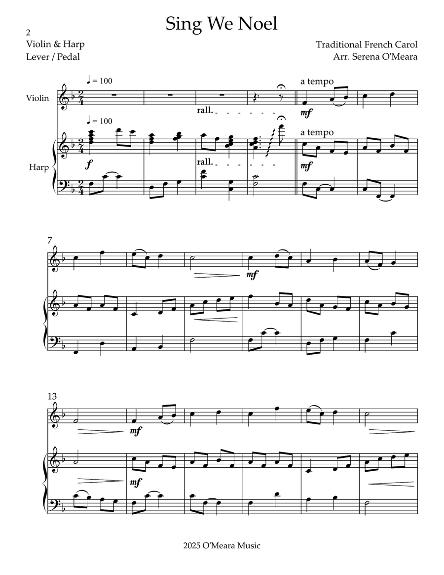 Sing We Noel, Duet for Violin & Harp String Duet scores gallery preview page 2
