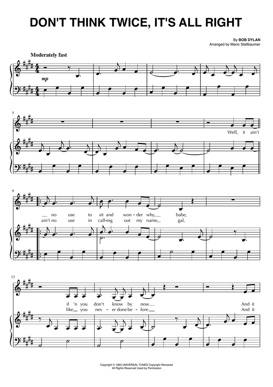 Don't Think Twice, It's All Right Piano, Vocal scores gallery preview page 1