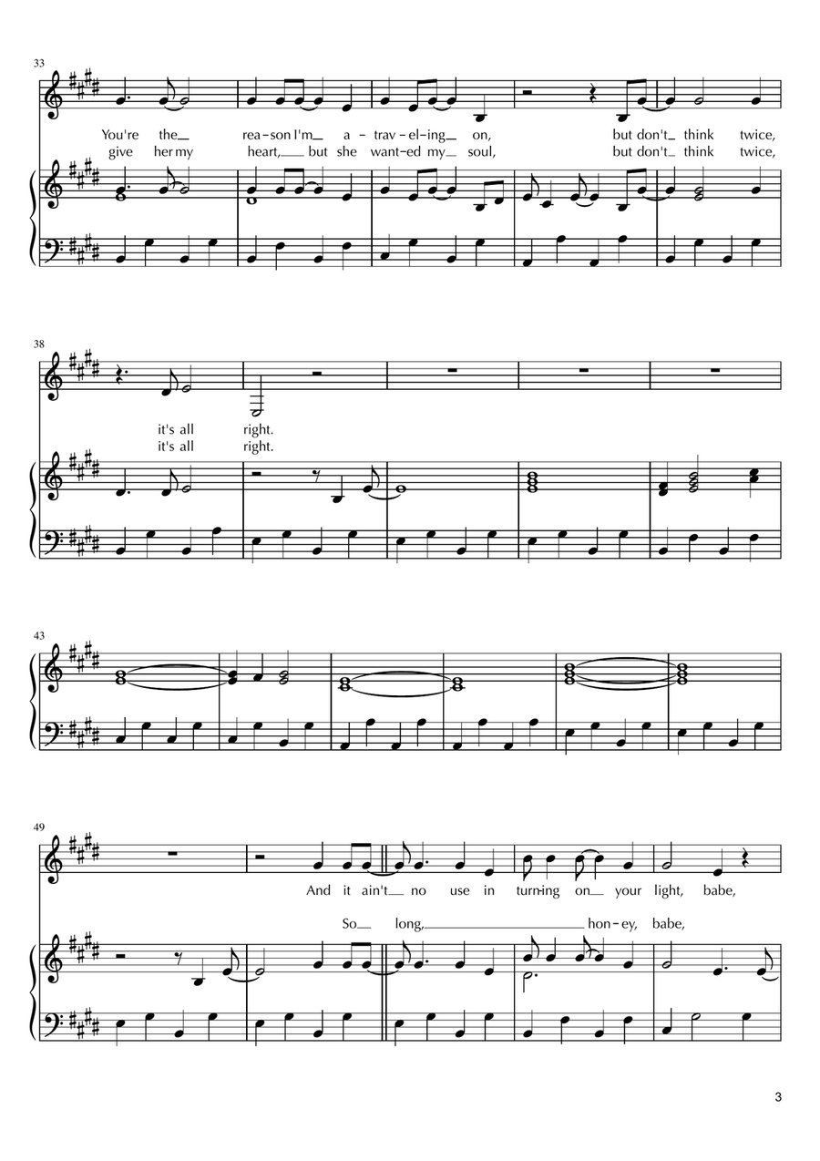 Don't Think Twice, It's All Right Piano, Vocal scores gallery preview page 3