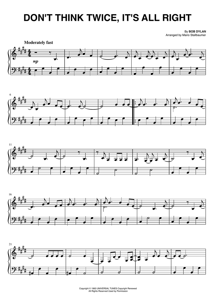 Don't Think Twice, It's All Right Piano Solo scores gallery preview page 1