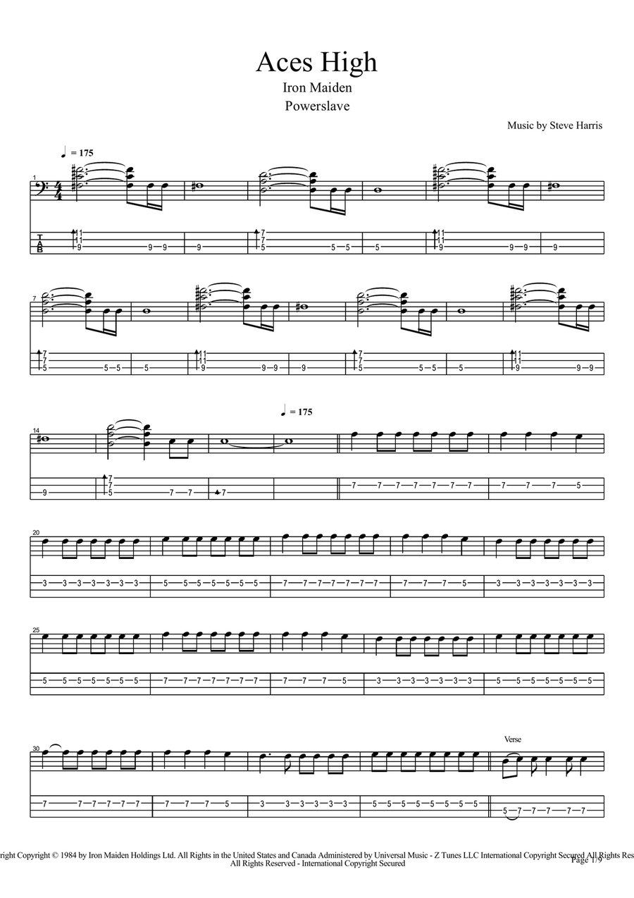 Aces High Aces High Bass Guitar Tablature scores gallery preview page 1