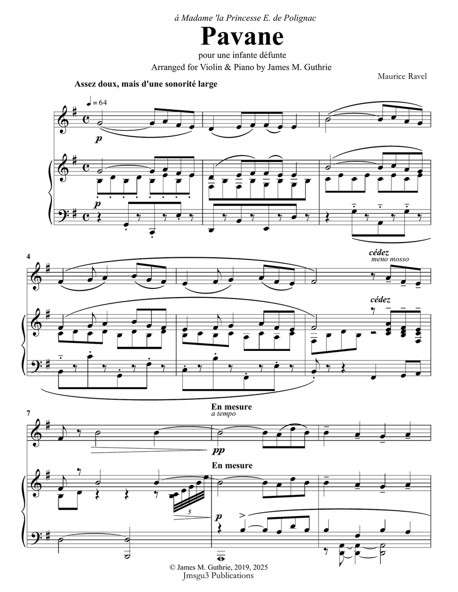 Ravel: Pavane pour une infante défunte for Violin & Piano Chamber Music scores gallery preview page 1