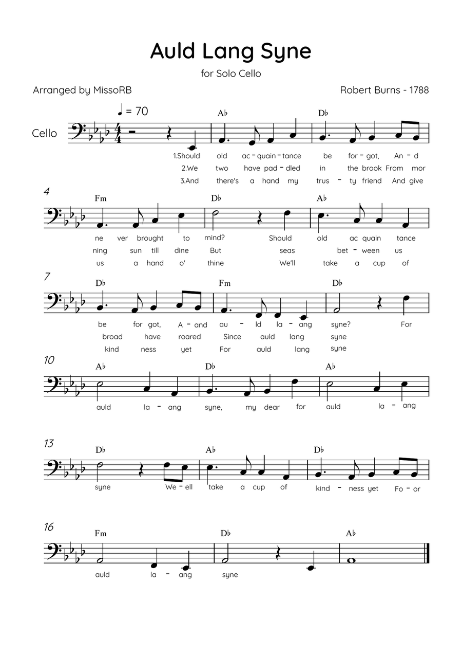 Auld Lang Syne - Solo Cello in Ab Major Easy With Lyrics & Chords Cello Solo scores gallery preview page 1