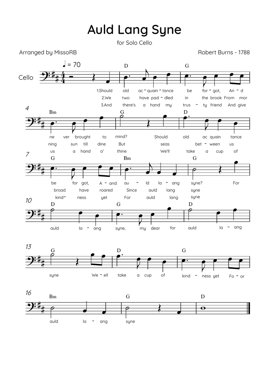 Auld Lang Syne - Solo Cello in D Major Easy With Lyrics & Chords Cello Solo scores gallery preview page 1