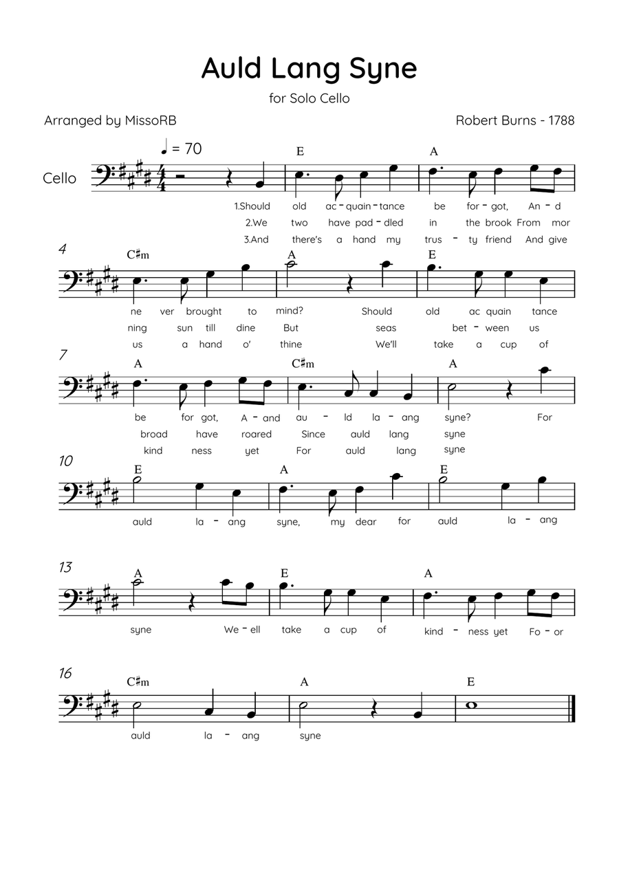 Auld Lang Syne - Solo Cello in E Major Easy With Lyrics & Chords Cello Solo scores gallery preview page 1