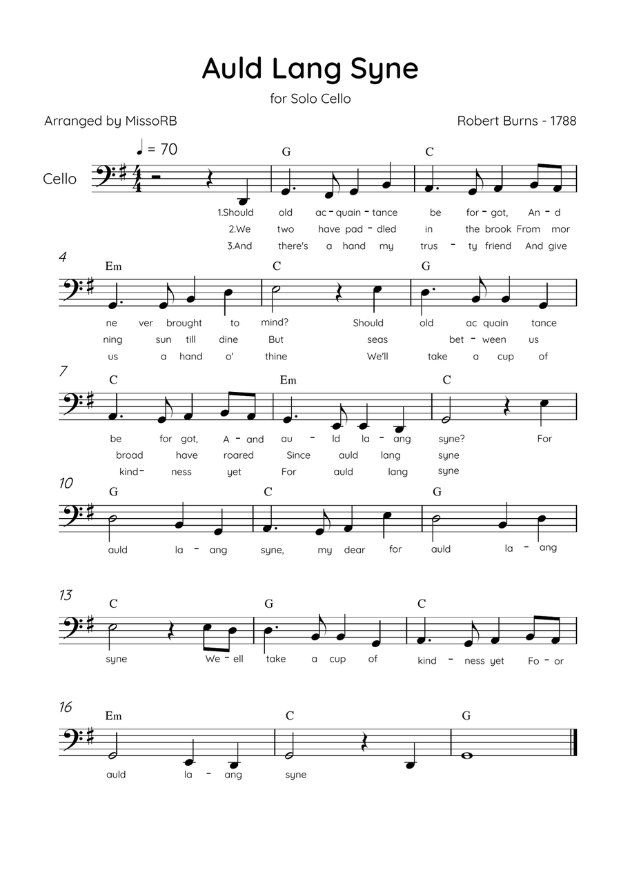 Auld Lang Syne - Solo Cello in G Major Easy With Lyrics & Chords Cello Solo scores gallery preview page 1