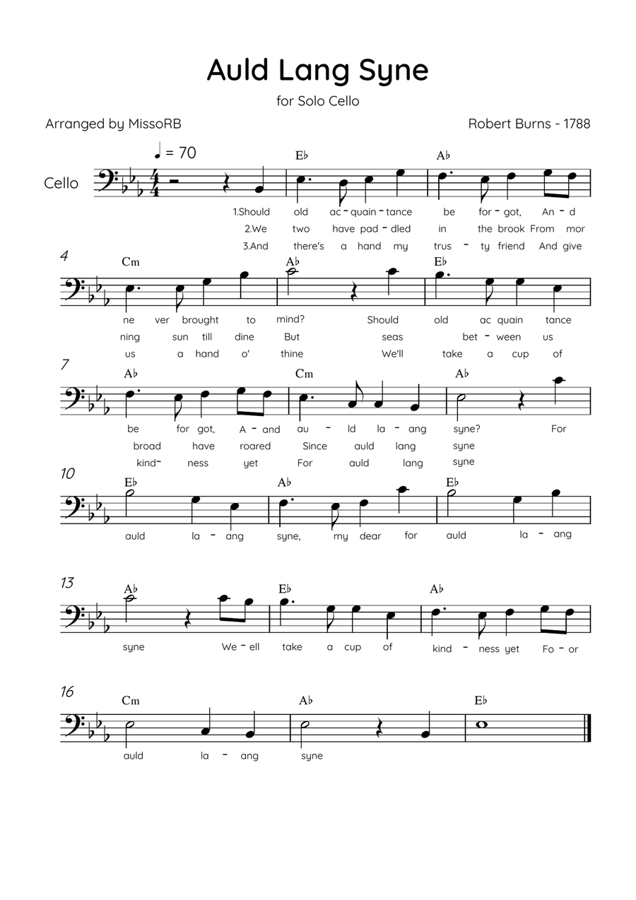 Auld Lang Syne - Solo Cello in Eb Major Easy With Lyrics & Chords Cello Solo scores gallery preview page 1