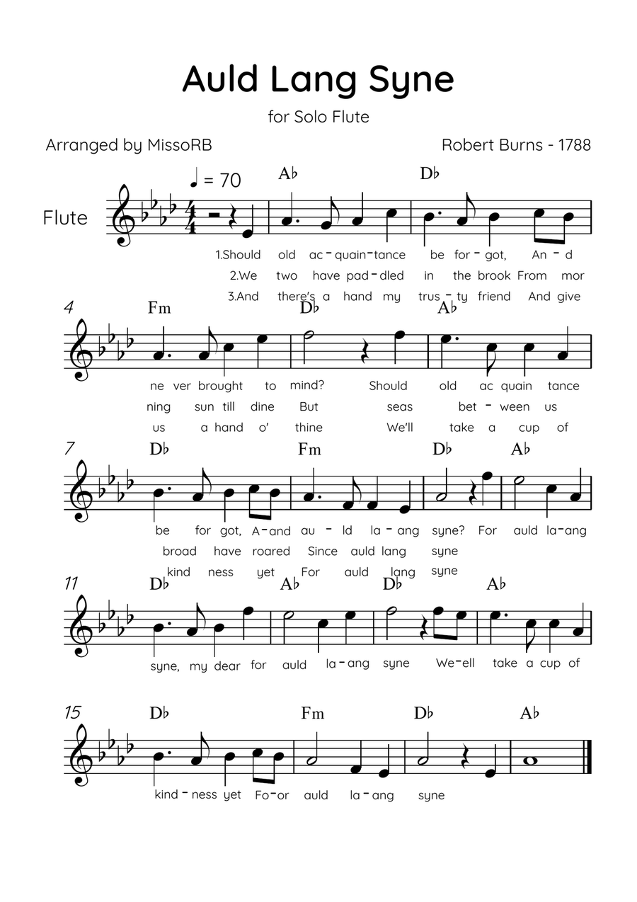 Auld Lang Syne - Solo Flute in Ab Major Easy With Lyrics & Chords Flute Solo scores gallery preview page 1