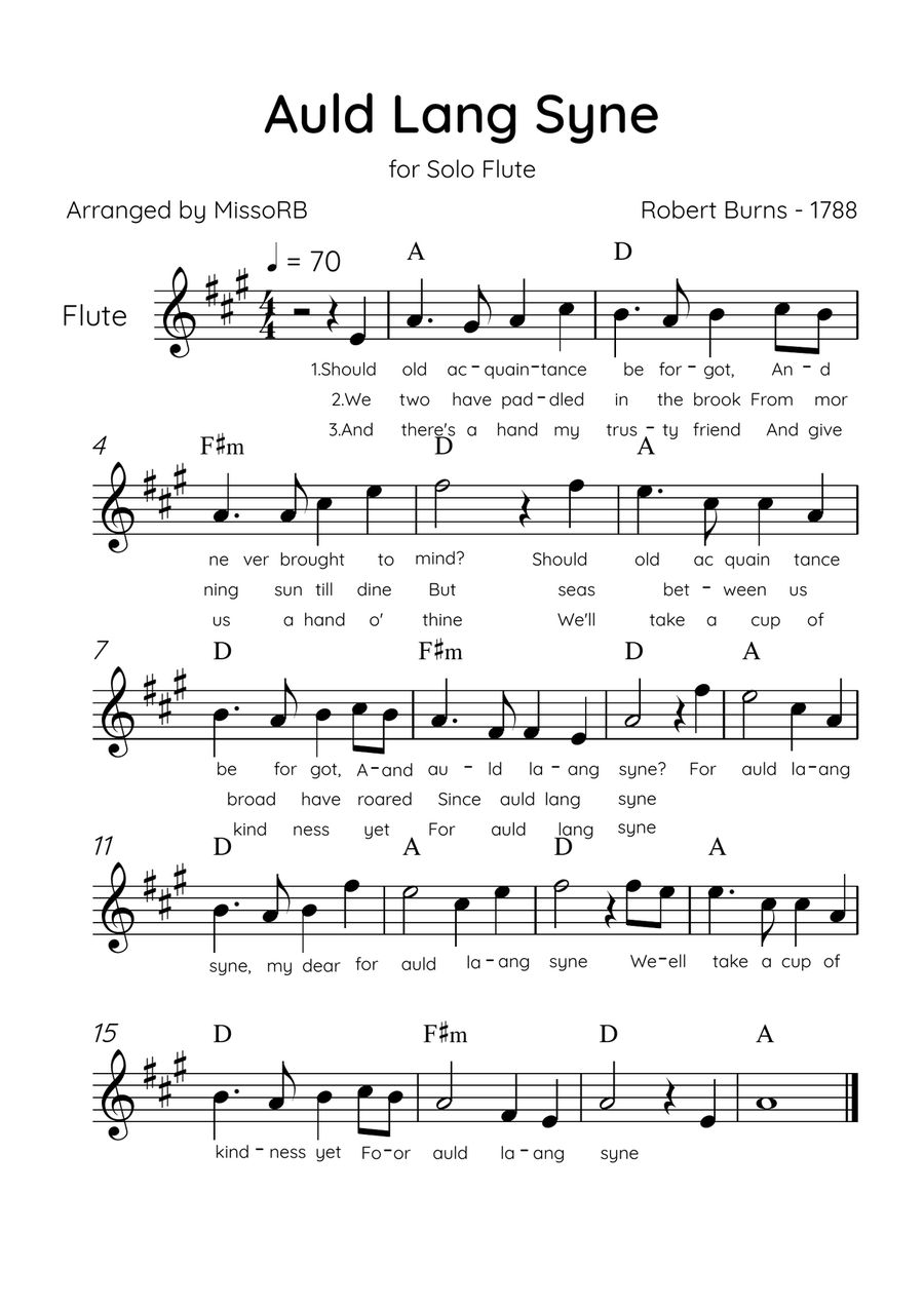 Auld Lang Syne - Solo Flute in A Major Easy With Lyrics & Chords Flute Solo scores gallery preview page 1