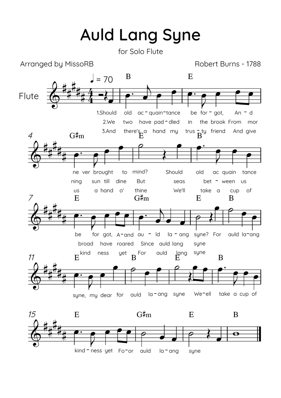 Auld Lang Syne - Solo Flute in B Major Easy With Lyrics & Chords Flute Solo scores gallery preview page 1