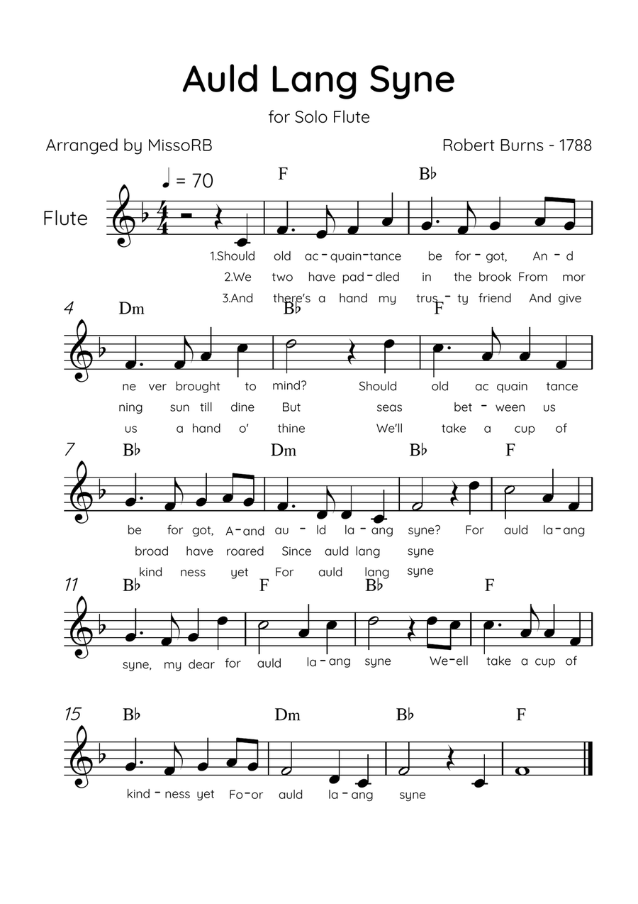 Auld Lang Syne - Solo Flute in F Major Easy With Lyrics & Chords Flute Solo scores gallery preview page 1