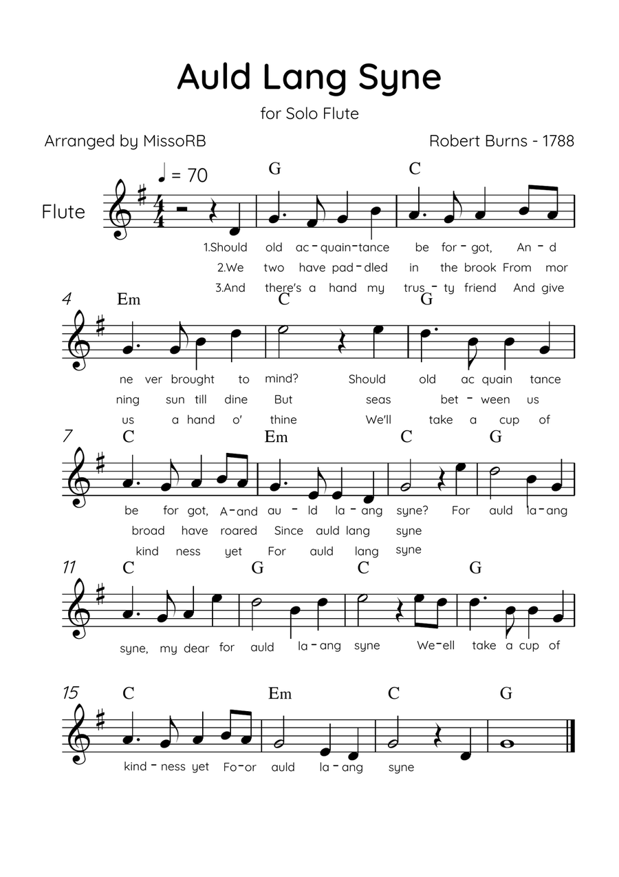 Auld Lang Syne - Solo Flute in G Major Easy With Lyrics & Chords Flute Solo scores gallery preview page 1