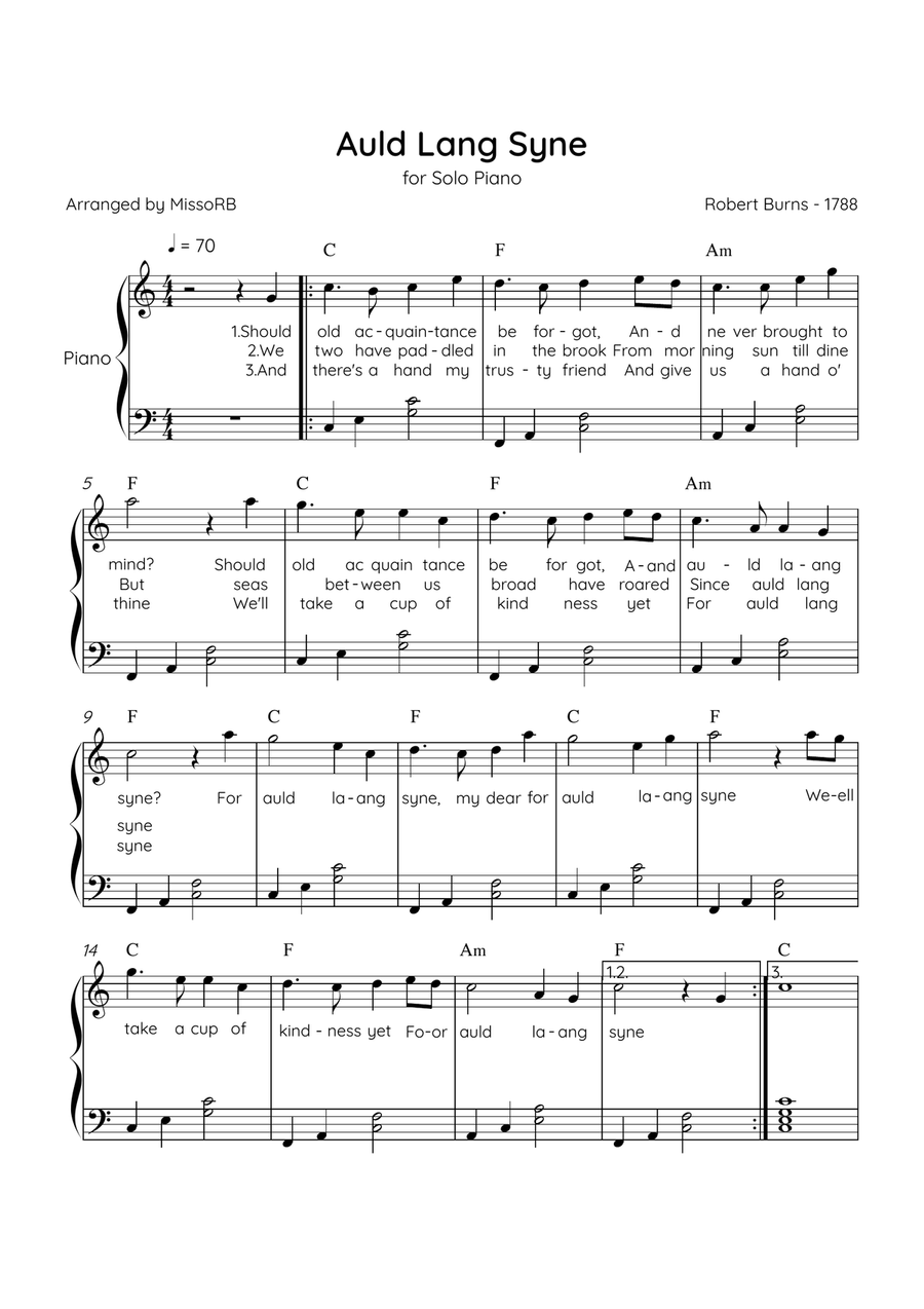 Auld Lang Syne - Solo Piano in C Major Easy With Lyrics & Chords Easy Piano scores gallery preview page 1