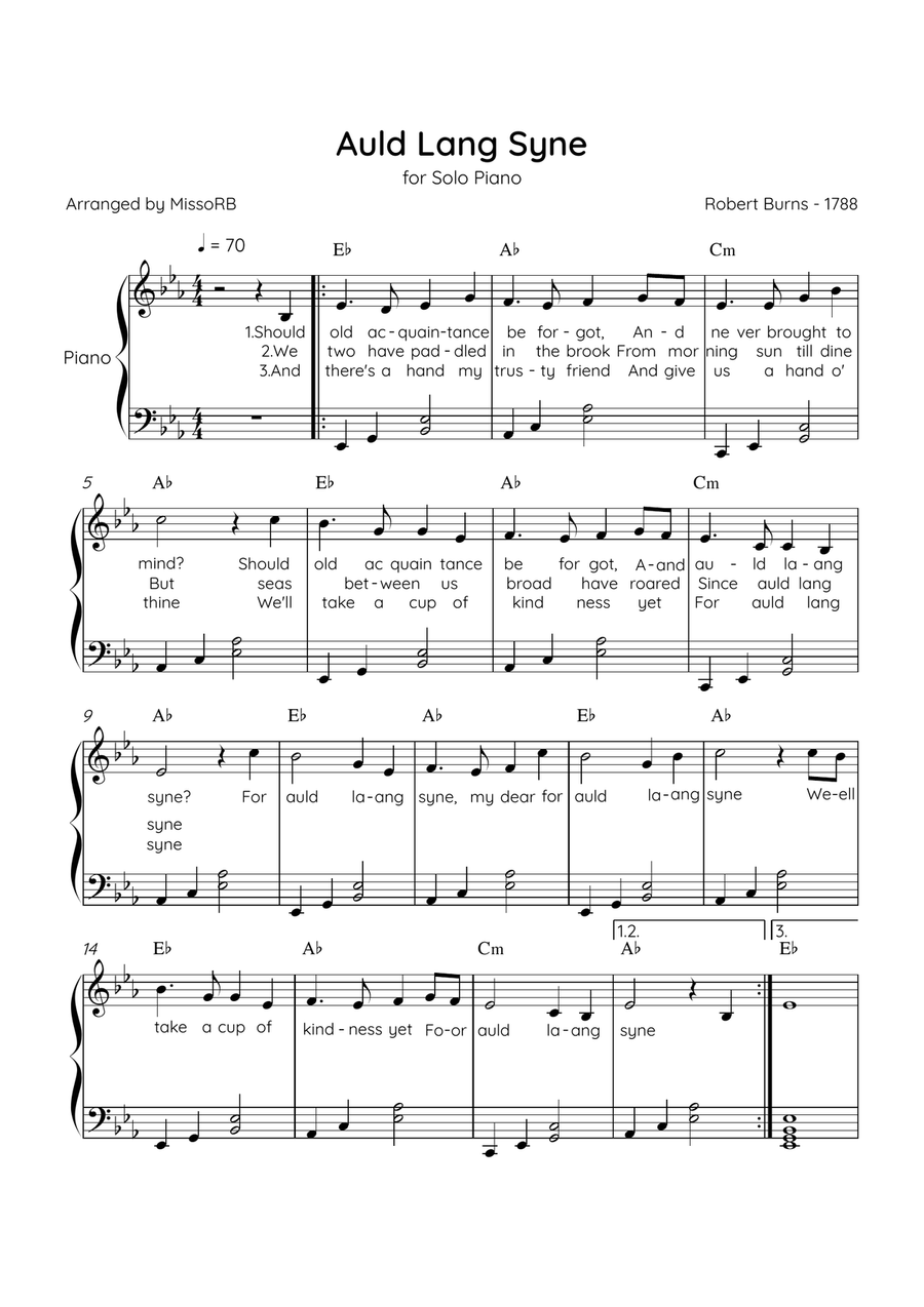 Auld Lang Syne - Solo Piano in Eb Major Easy With Lyrics & Chords Easy Piano scores gallery preview page 1