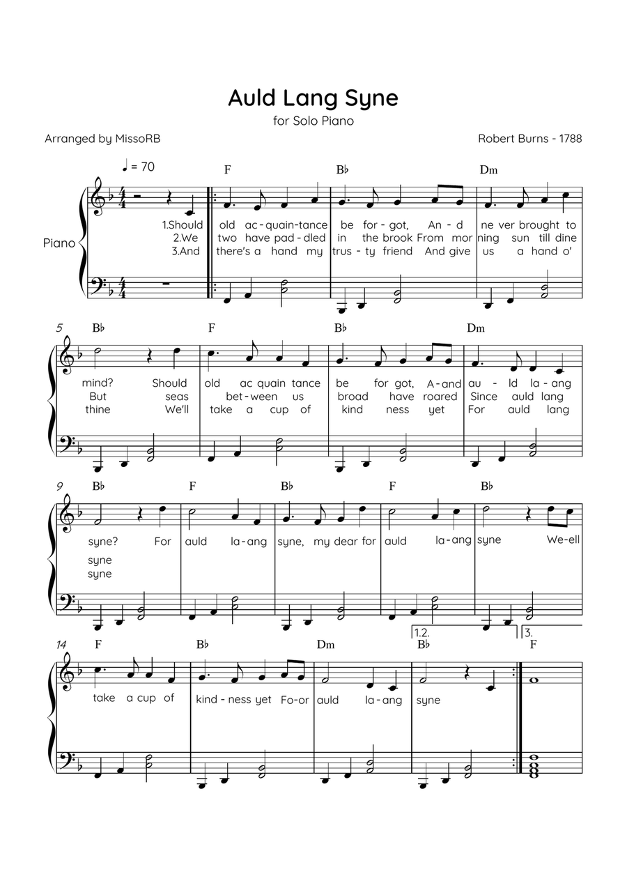 Auld Lang Syne - Solo Piano in F Major Easy With Lyrics & Chords Easy Piano scores gallery preview page 1