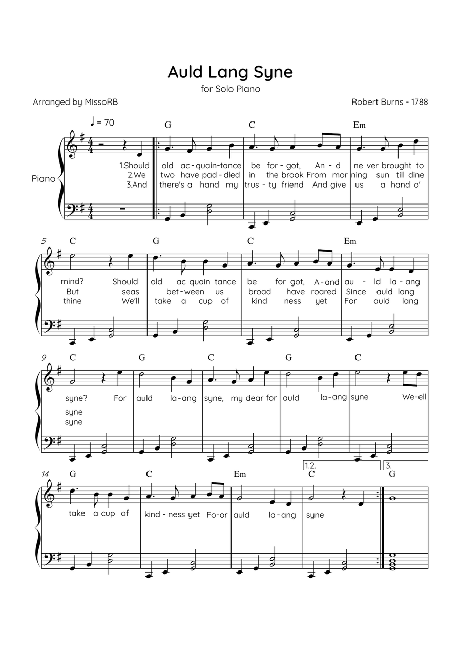 Auld Lang Syne - Solo Piano in G Major Easy With Lyrics & Chords Easy Piano scores gallery preview page 1