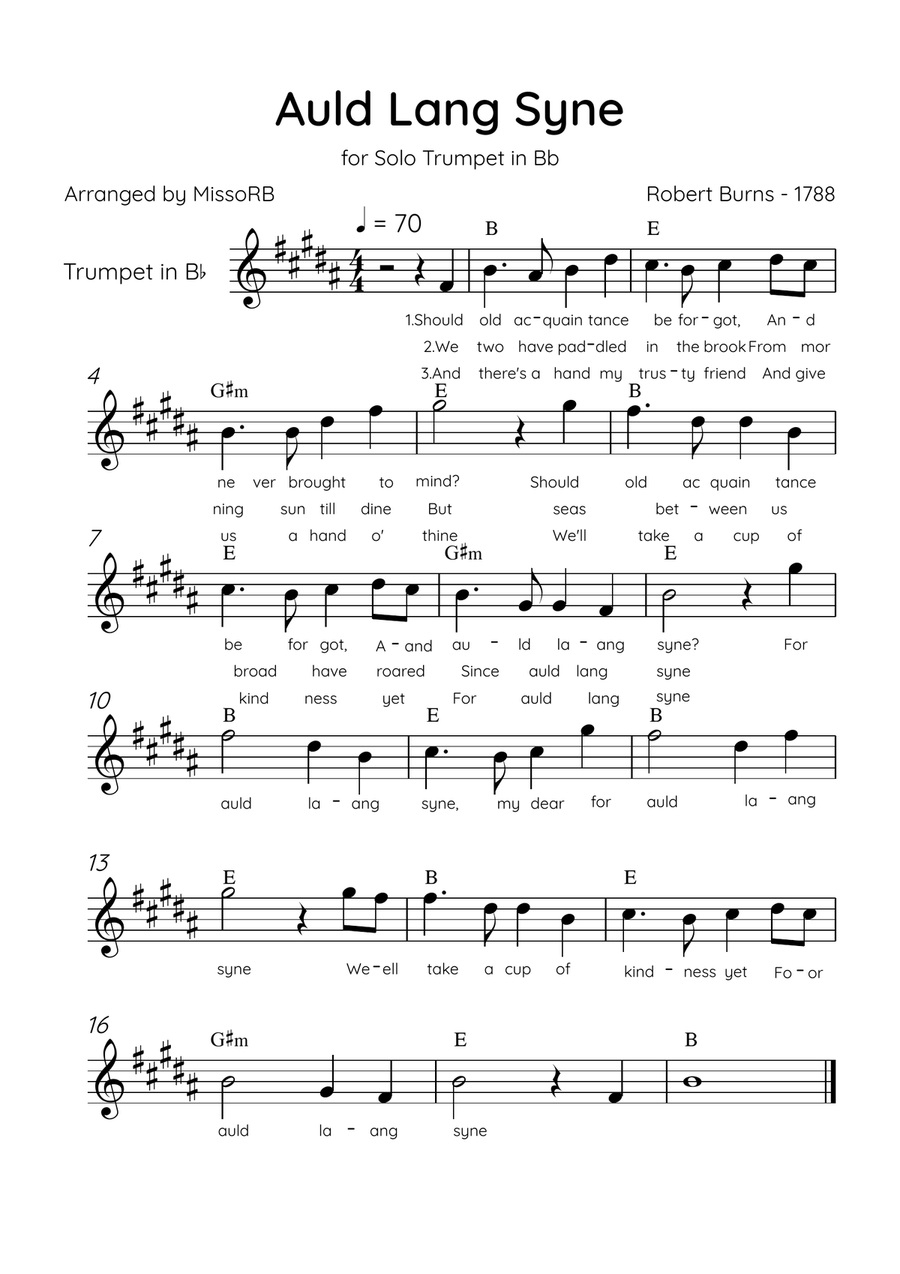 Auld Lang Syne - Solo Trumpet Bb in A Major Easy With Lyrics & Chords B-Flat Trumpet scores gallery preview page 1