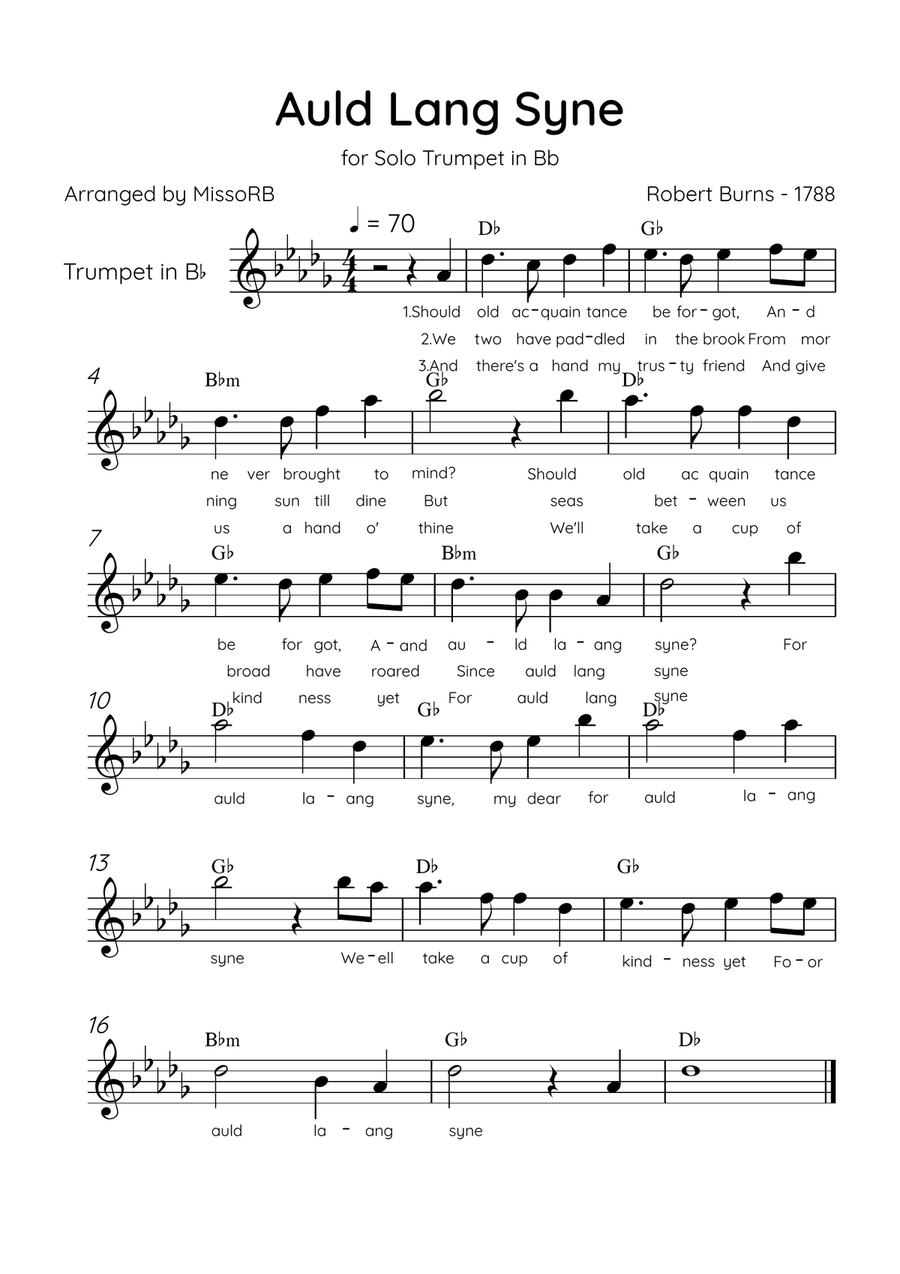 Auld Lang Syne - Solo Trumpet Bb in B Major Easy With Lyrics & Chords B-Flat Trumpet scores gallery preview page 1