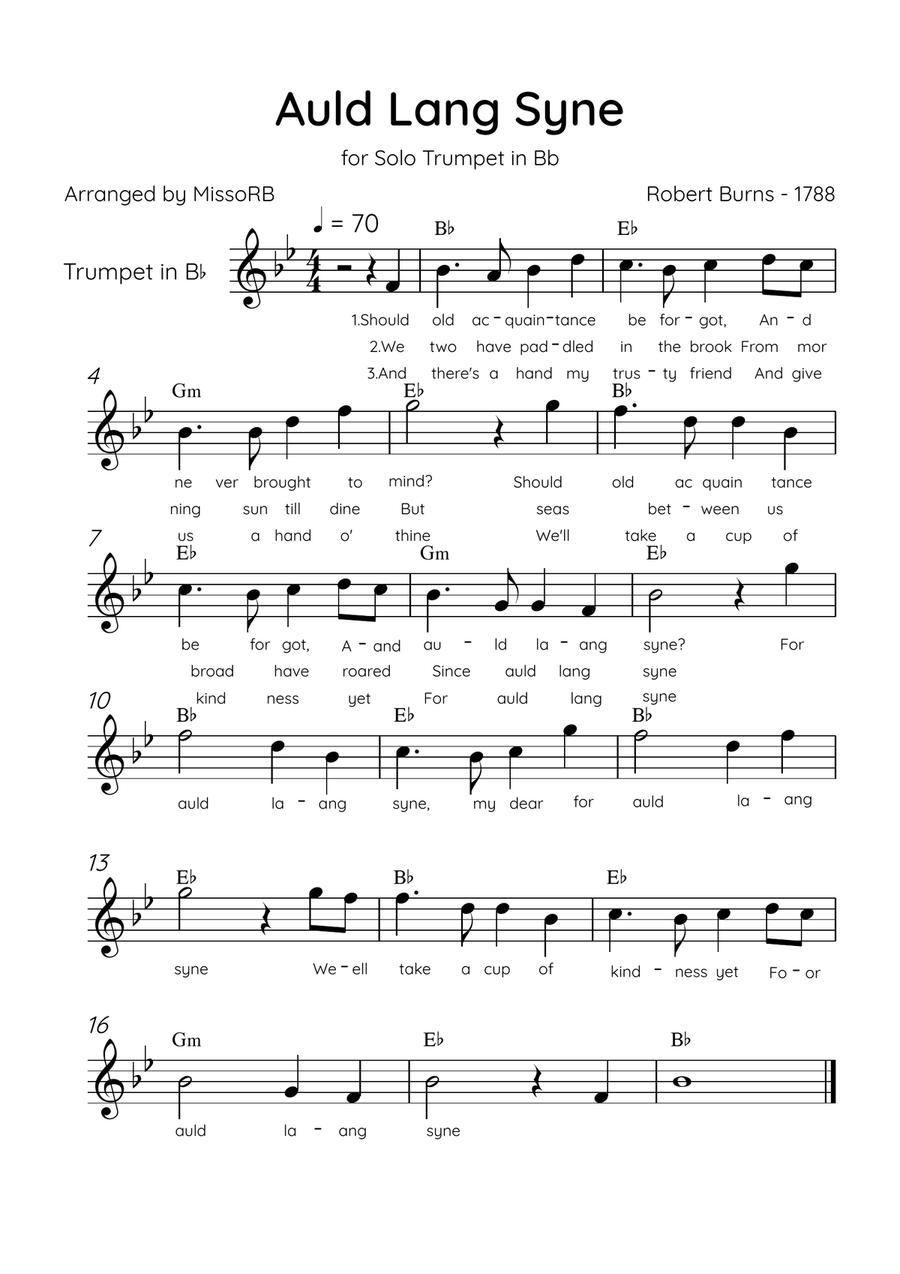 Auld Lang Syne - Solo Trumpet Bb in Ab Major Easy With Lyrics & Chords B-Flat Trumpet scores gallery preview page 1