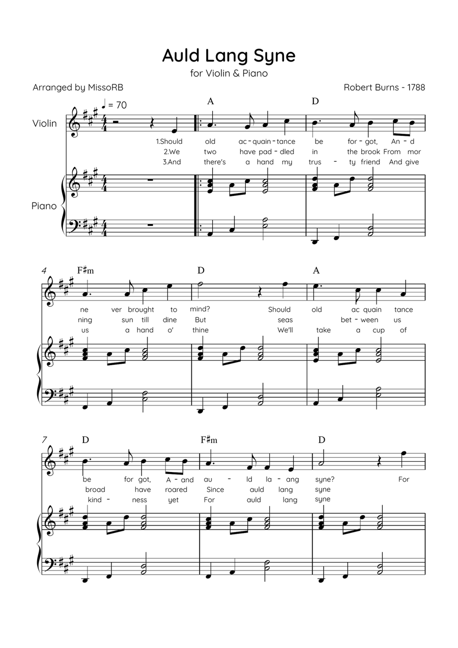 Auld Lang Syne - Violin & Piano in A Major Easy With Lyrics & Chords Violin Solo scores gallery preview page 1
