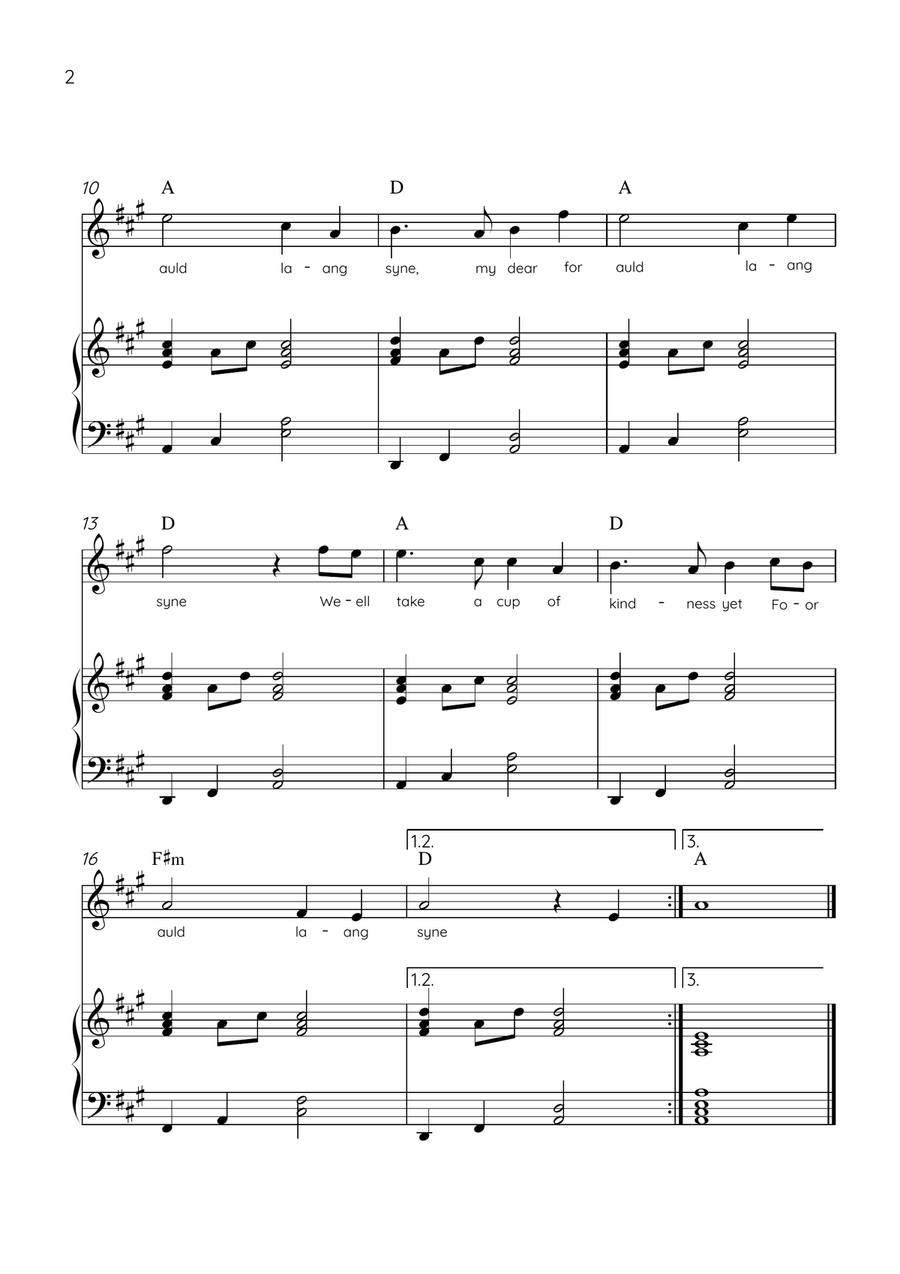 Auld Lang Syne - Violin & Piano in A Major Easy With Lyrics & Chords Violin Solo scores gallery preview page 2