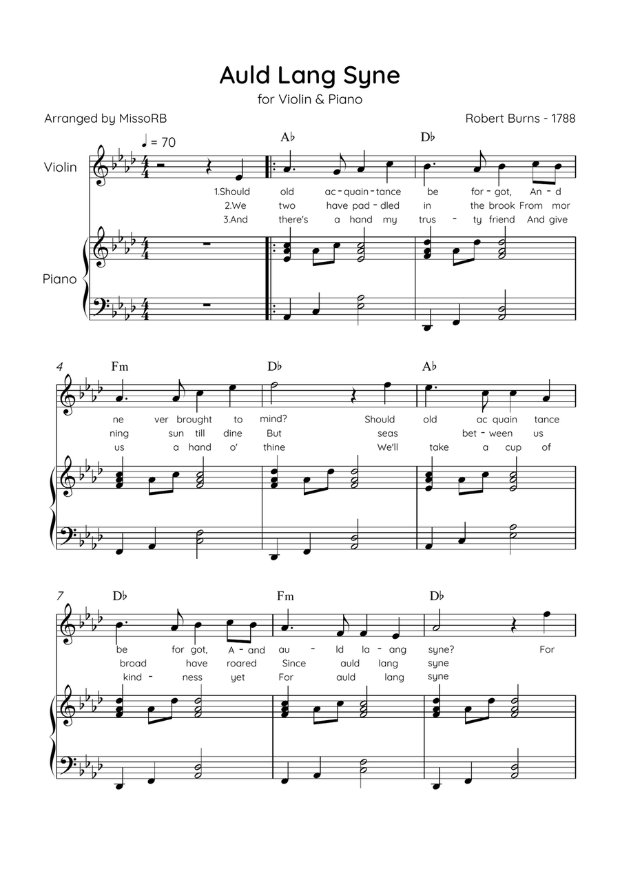 Auld Lang Syne - Violin & Piano in Ab Major Easy With Lyrics & Chords Violin Solo scores gallery preview page 1