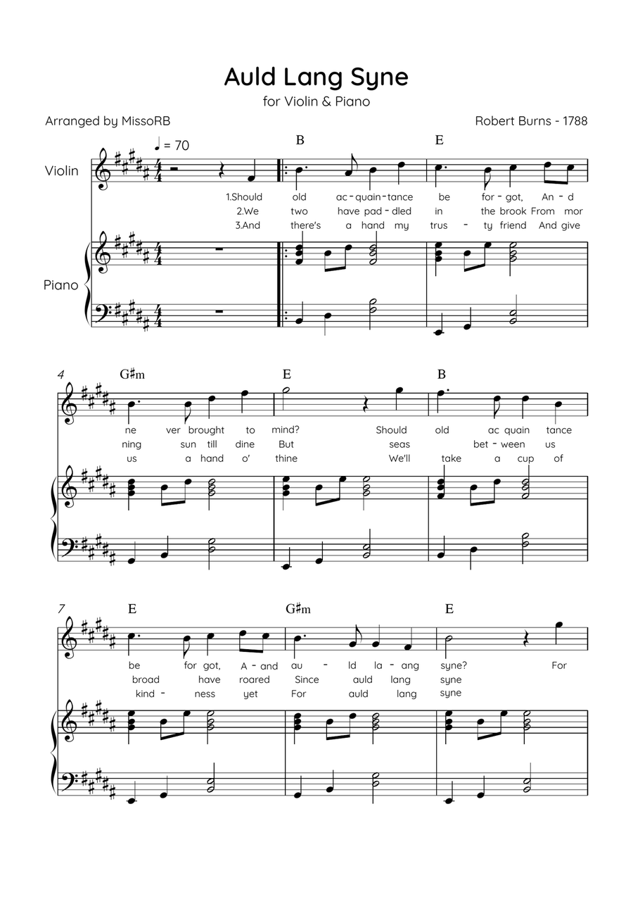 Auld Lang Syne - Violin & Piano in B Major Easy With Lyrics & Chords Violin Solo scores gallery preview page 1