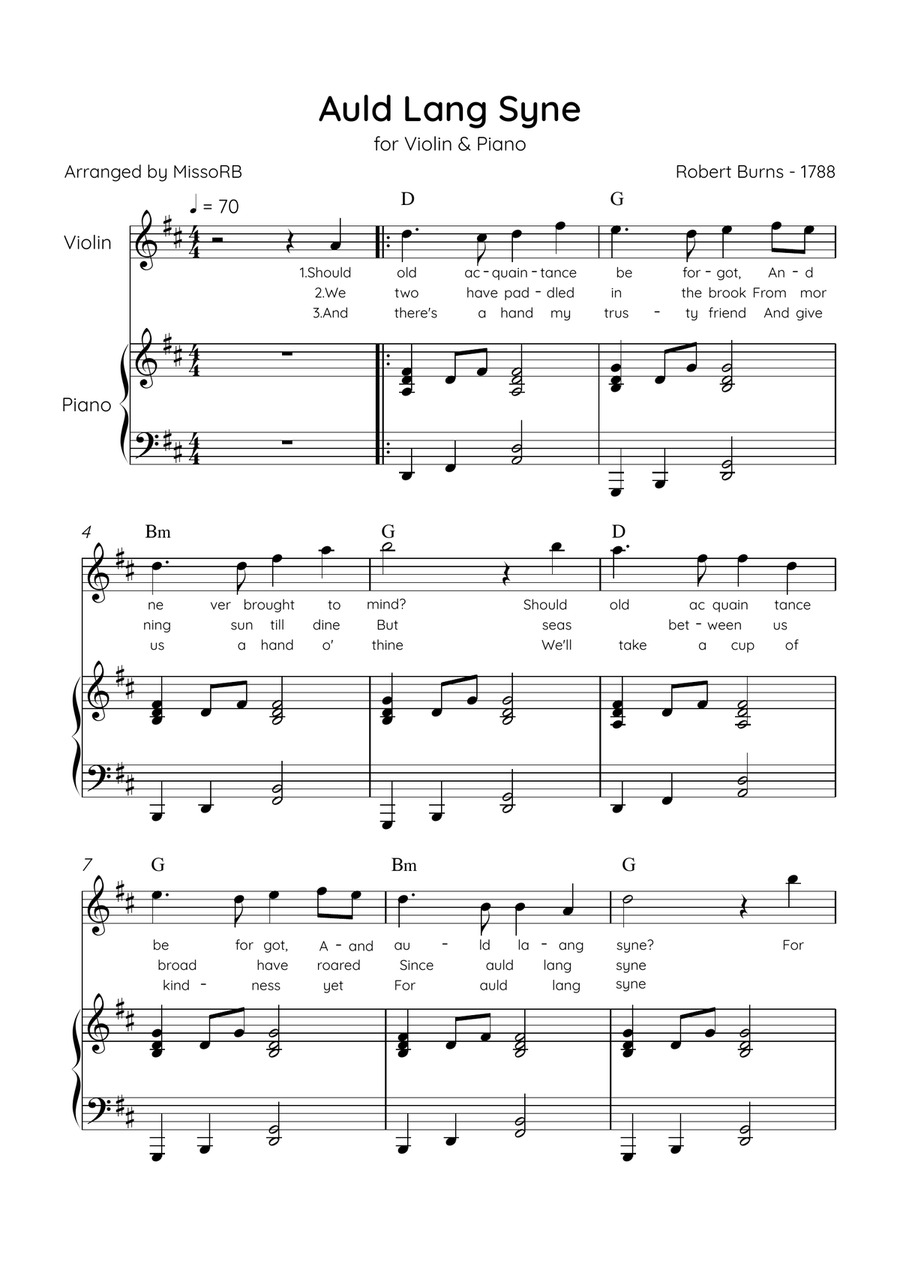 Auld Lang Syne - Violin & Piano in D Major Easy With Lyrics & Chords Violin Solo scores gallery preview page 1